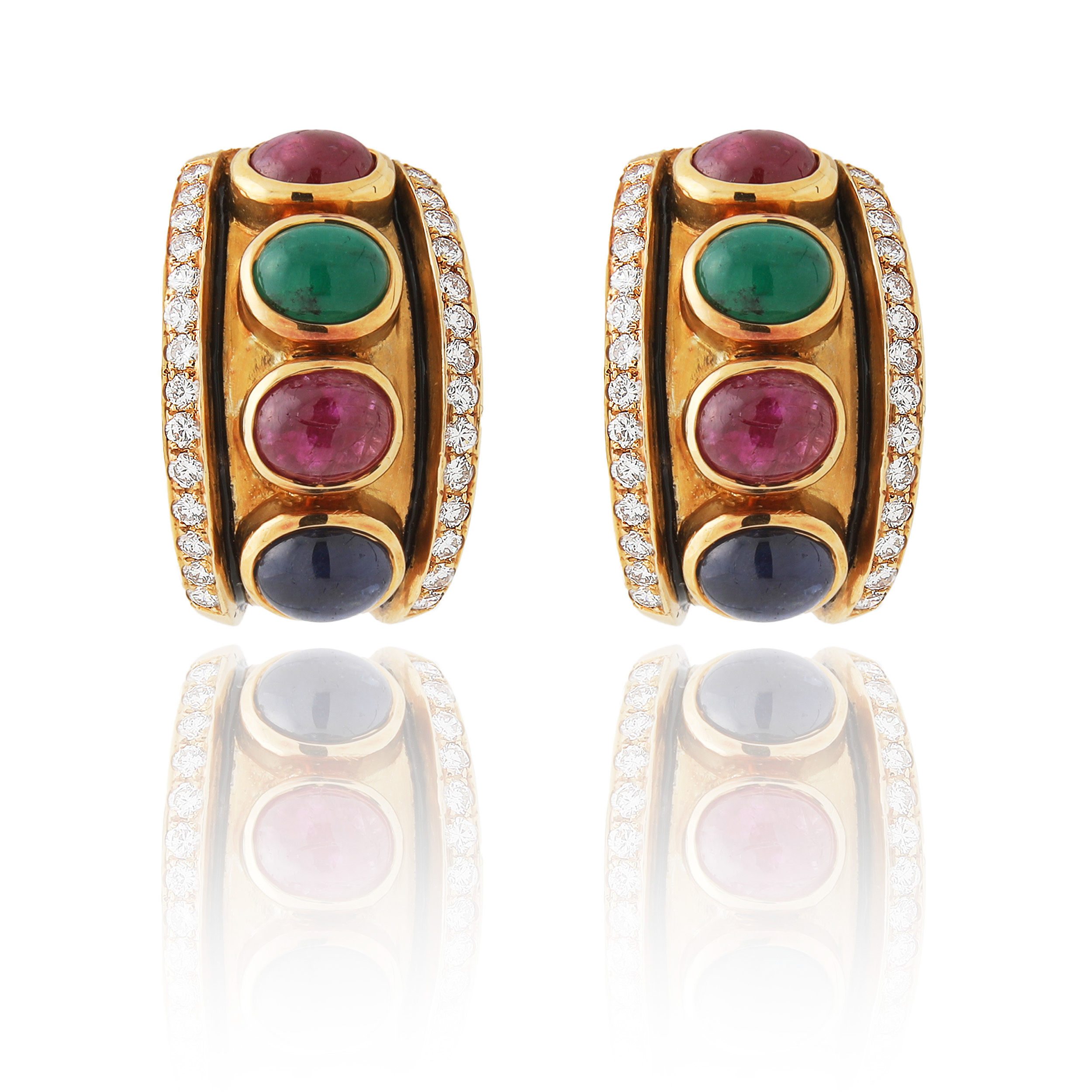 Ruby Emerald & Sapphire Cabochon Diamond Clip On Earrings 18k Yellow Gold