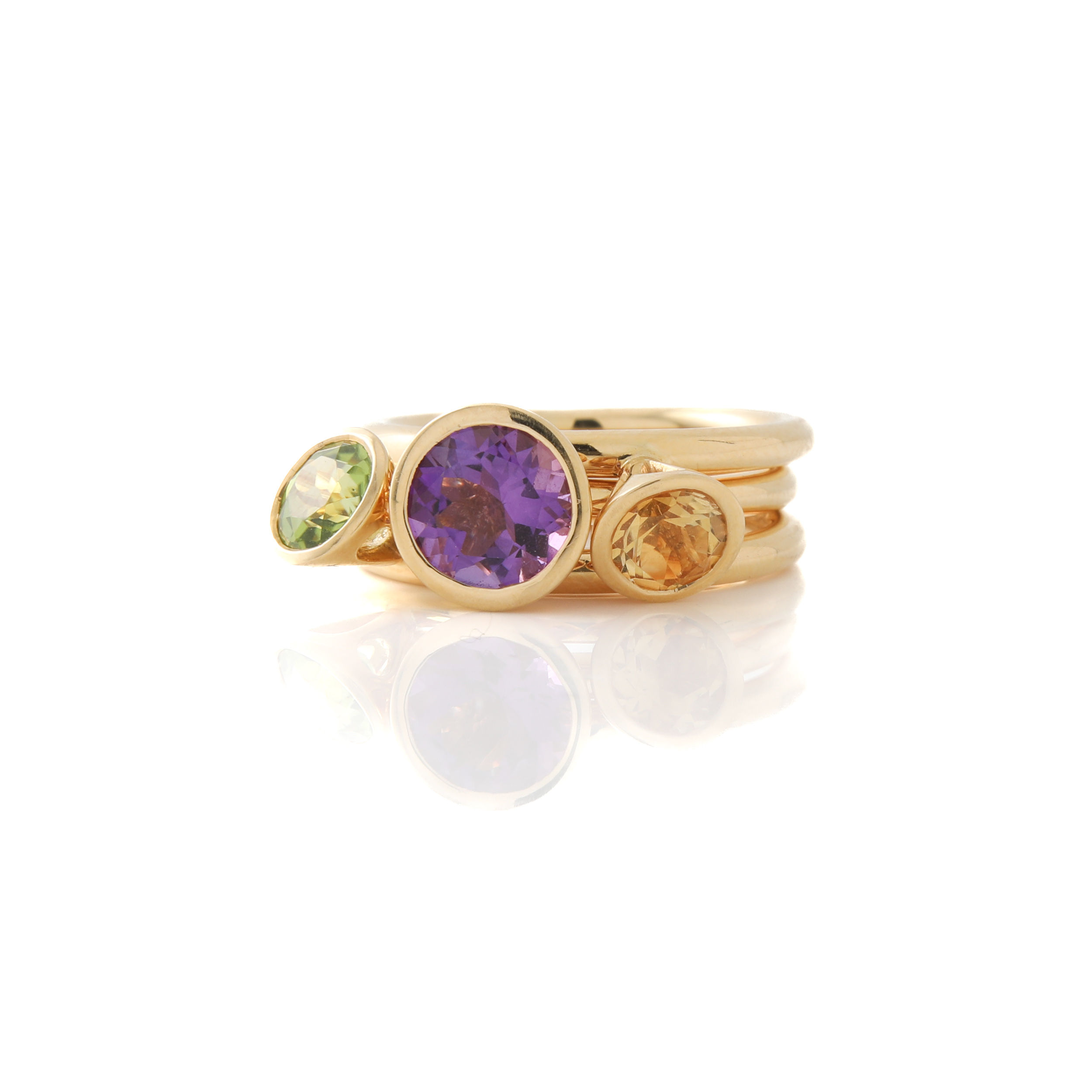 Set of 3 Multi-Gemstone Nesting Stackable Rings 18K Yellow Gold