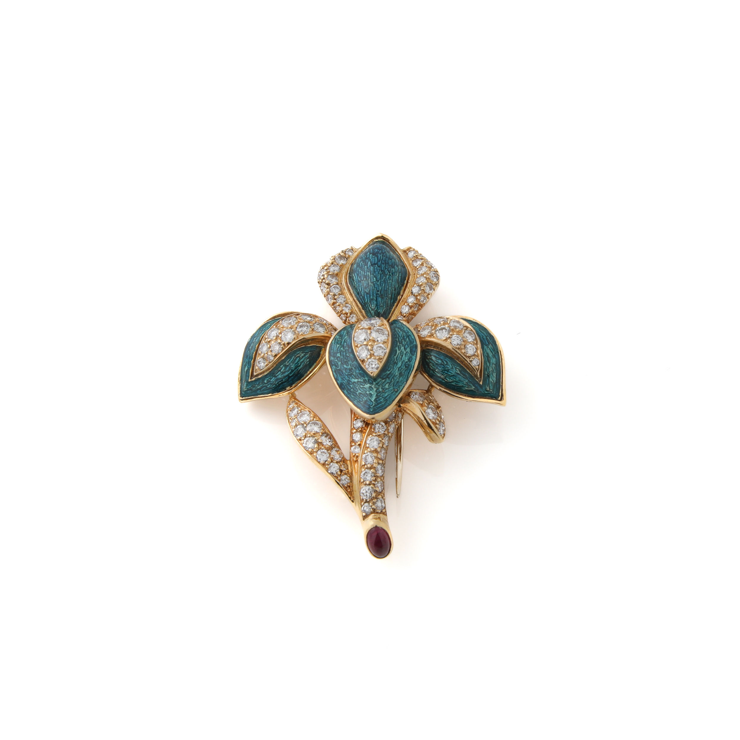 French Diamond & Teal Enamel Flower Brooch 18k Yellow Gold
