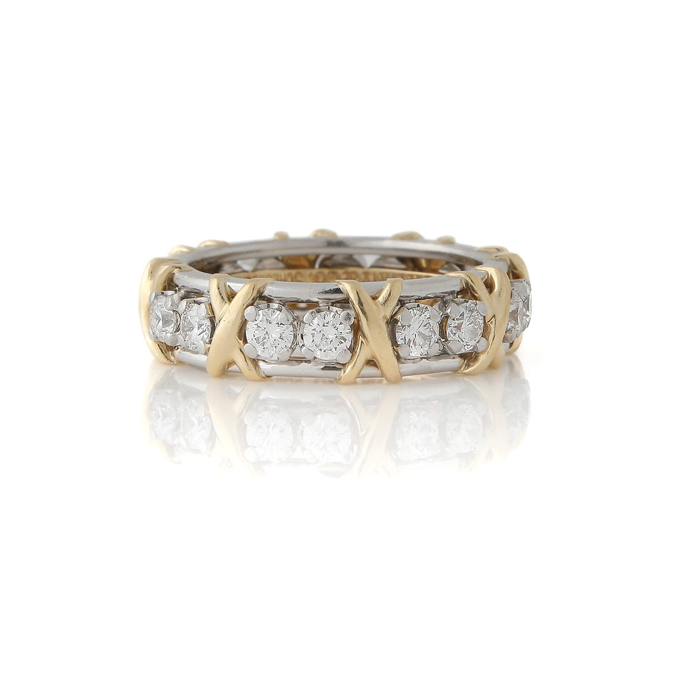 Tiffany & Co. Schlumberger 16 Stone Ring Diamond Platinum 18K Yellow Gold Sz.
