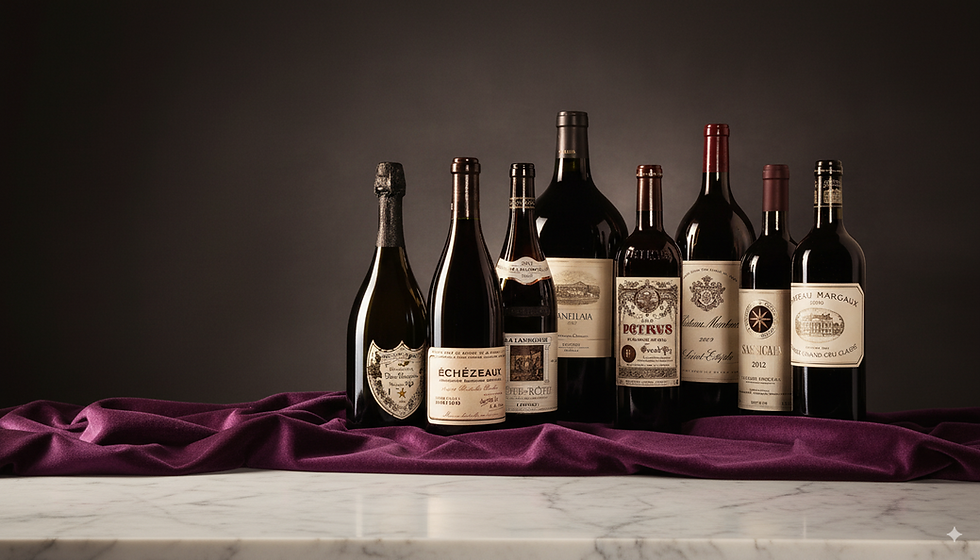 A row of fine wine bottles, each a specific and identifiable holding, on a deep purple cloth