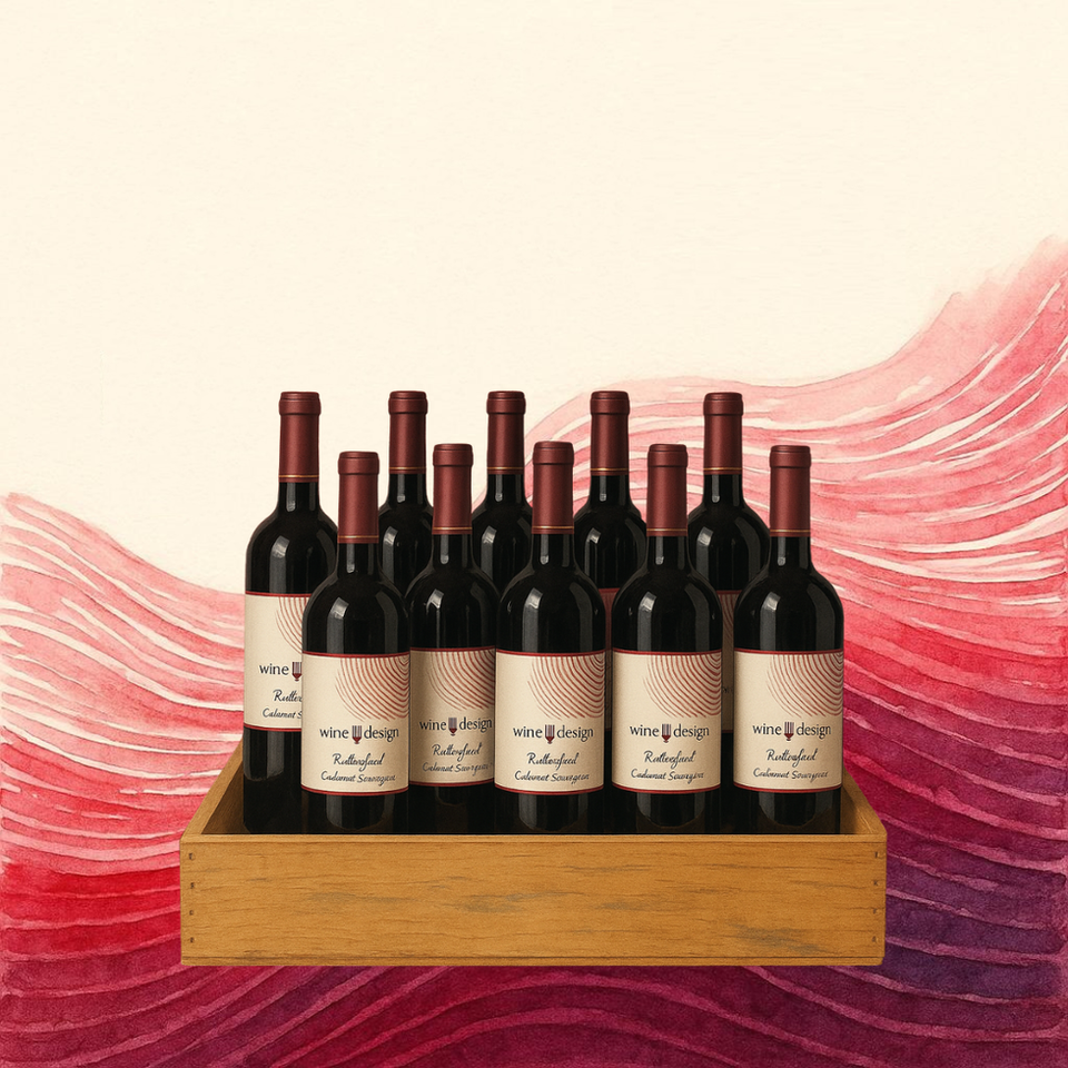 Ten bottles of red wine displayed in a wooden crate, Re-Order your One Perfect Blend.