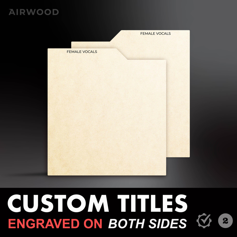 a pair of identical vinyl record dividers displayed upright against a dark backdrop, illustrating custom laser engraving on b