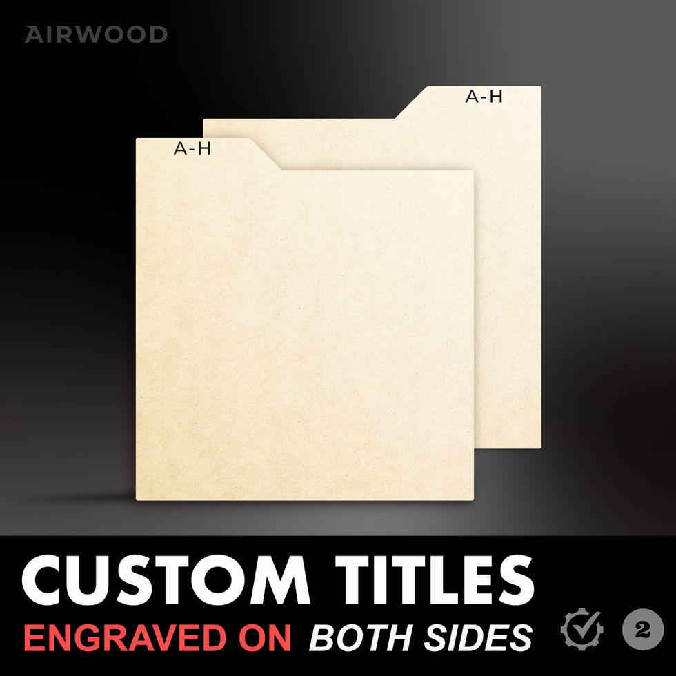 a pair of identical vinyl record dividers displayed upright against a dark backdrop, illustrating custom laser engraving on b