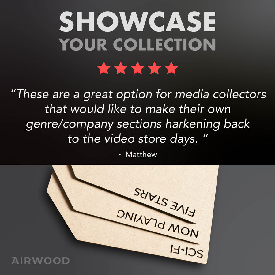 closeup of cd/dvd/bluray dividers detailing the dark consistent engraving of custom titles with an infographic illustrating a