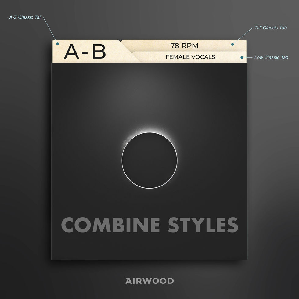 a custom titled vinyl record divider stand upright alongside an alphabetical divider behind an album cover, illustrating the