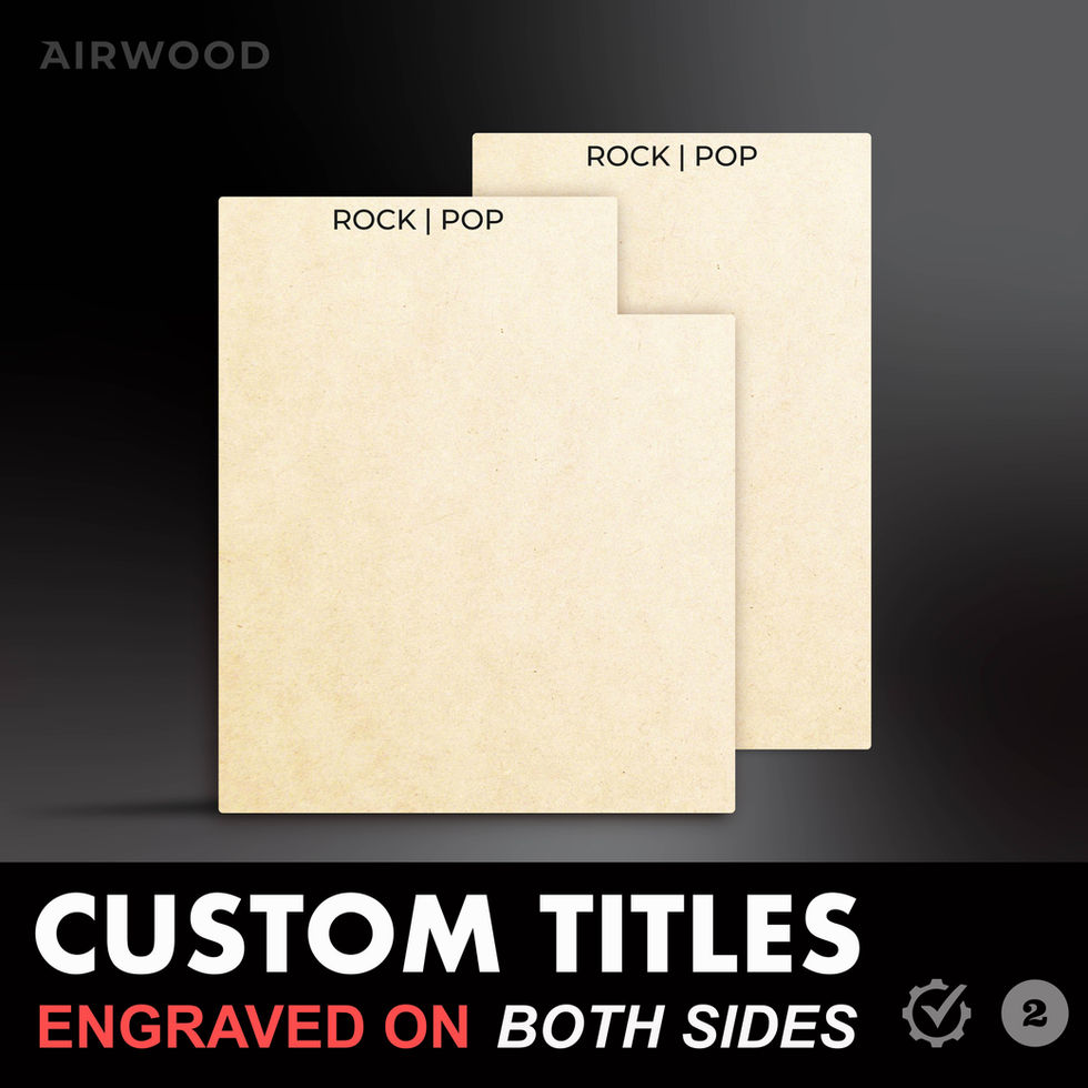 a pair of identical vinyl record dividers displayed upright against a dark backdrop, illustrating custom laser engraving on b