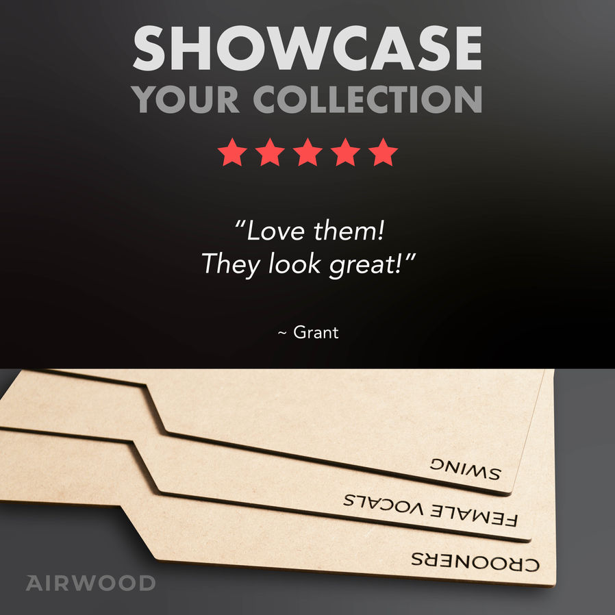 closeup of 10-inch vinyl record dividers detailing the dark consistent engraving of custom titles with an infographic illustr