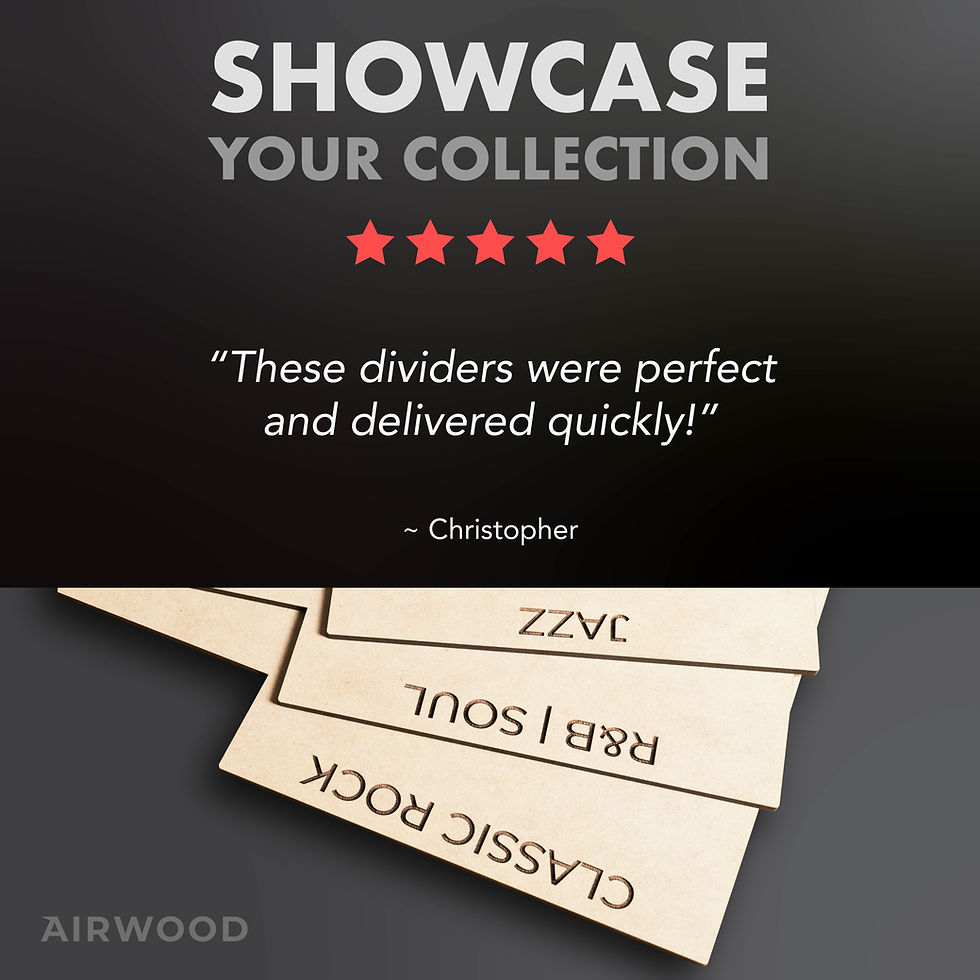 closeup of vinyl record dividers detailing the dark consistent engraving of custom titles with an infographic illustrating a