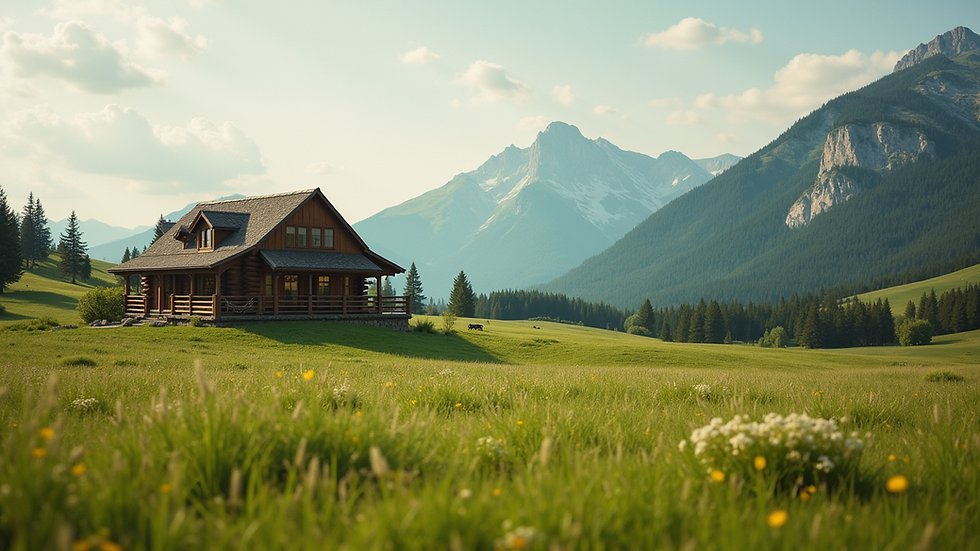 Eye-level view of a luxury ranch resort with a rustic wooden cabin and open green fields