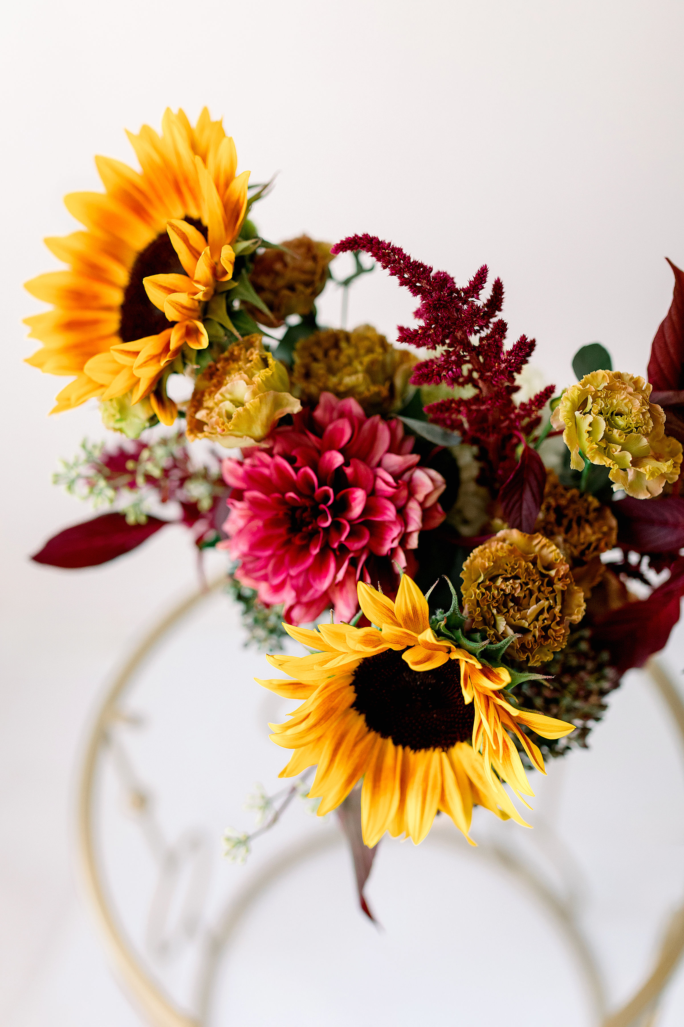 Summer Bounty Vase Arrangement with sunflowers, dahlias, lisianthus, amaranthus, smokebush, and eucalyptus in a lush seasonal