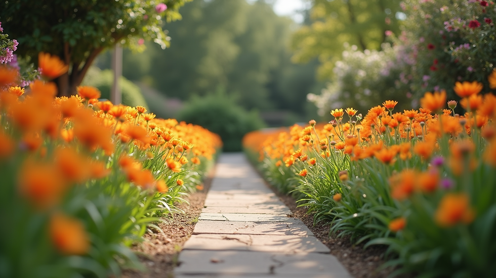 Eye-level view of a serene garden path lined with vibrant flowers