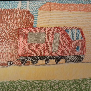 Illustration of a train on a track, showcasing a bright red car among the train cars.