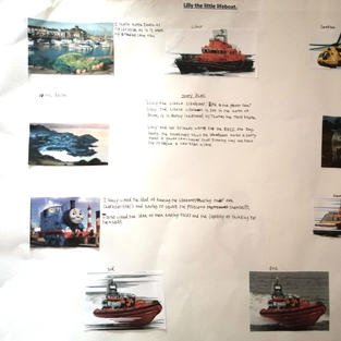 A sheet of paper with photographs of rescue vehicles at sea.