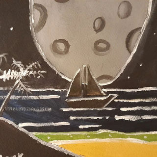 A drawing of a boat resting on the beach under a glowing moon in a clear night sky.