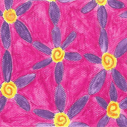 Vibrant purple and yellow flowers arranged on a pink background, highlighting a cheerful floral pattern.