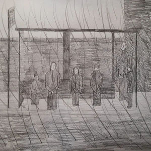 Pencil illustration showing individuals waiting for a bus in a rain-soaked shelter at a bus stop in Shoreditch, London.