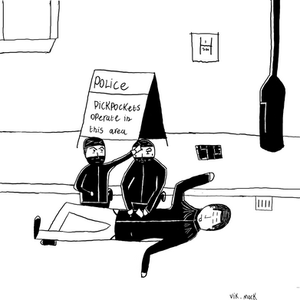 Digital illustration of pick pockets operating on a victim.