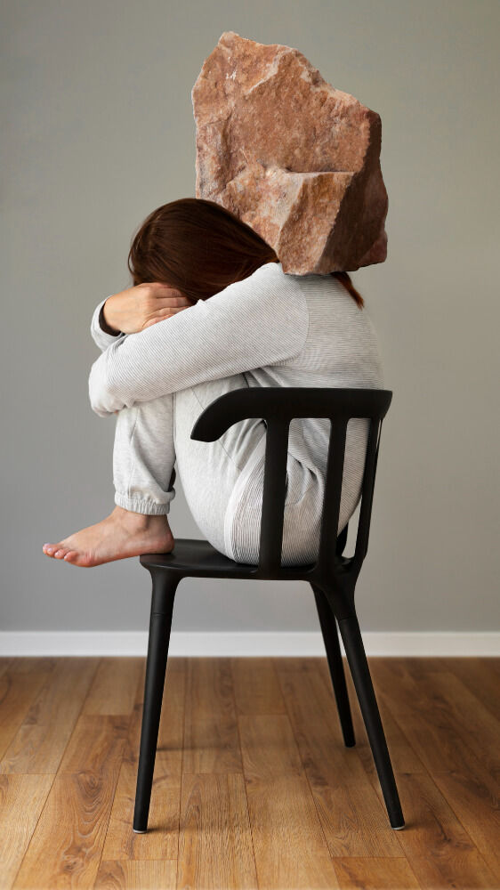 A woman sitting with a large stone balanced on her head, symbolizing the weight of fear and anxiety about therapy.