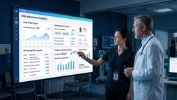 Two professionals review data on a large screen displaying graphs and text in a modern office. One points at the screen, suggesting analysis.