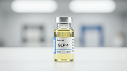 Vial labeled "GLP-1, 5ml" with yellow liquid on a white surface in a blurred lab setting. Simple and sterile ambiance.
