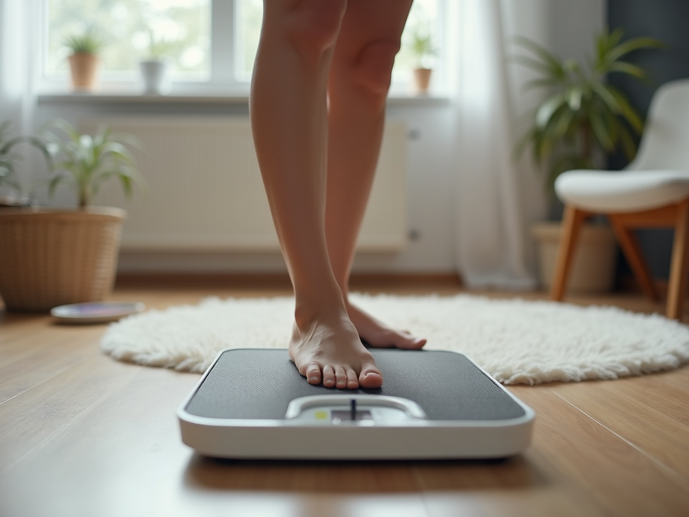 Bare feet on a digital scale in a bright room with plants, a fluffy rug, and a wooden floor, creating a calm atmosphere.