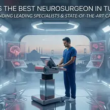 Man in blue scrubs at a futuristic console with brain scans, Istanbul skyline, and text: Best Neurosurgeon in Turkey?