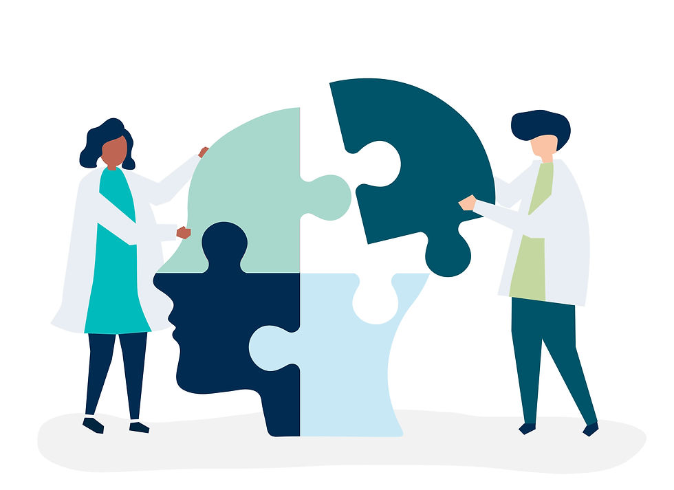Two people assembling a multicolored puzzle in the shape of a human head, representing mental health support and the use of behavioral therapy techniques to improve emotional well-being.