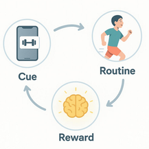 Diagram showing habit loop: "Cue" is a phone, "Routine" is running person, "Reward" is a brain. Arrows connect each step in a cycle.