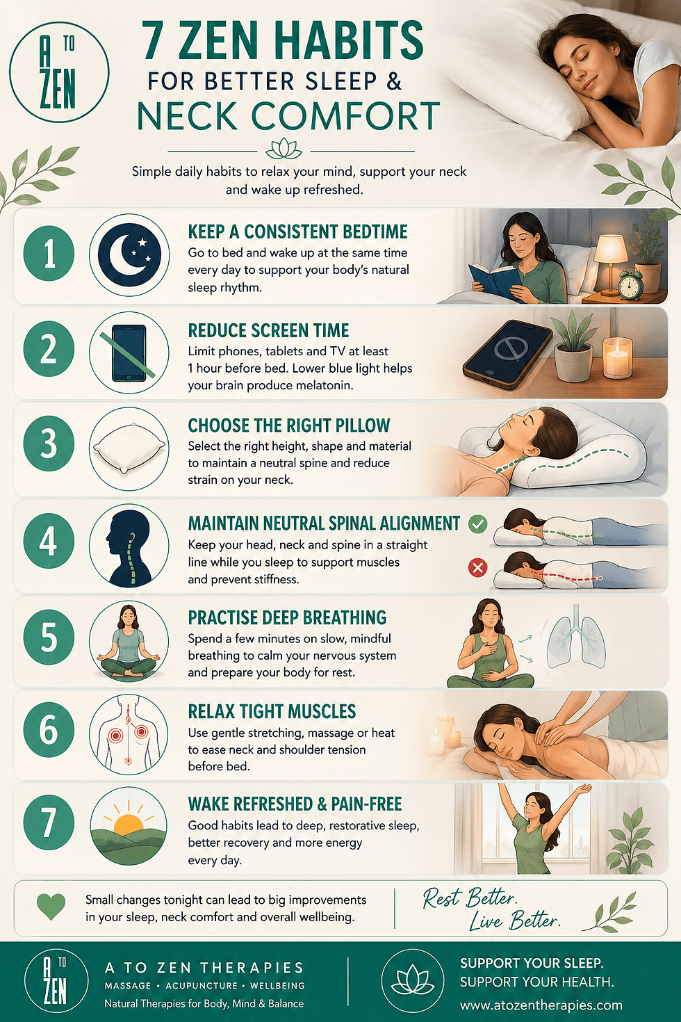 Infographic showing seven Zen habits for better sleep and neck comfort, including maintaining good sleep posture, choosing the right pillow, practising deep breathing, reducing screen time, relaxing neck muscles and supporting healthy spinal alignment.