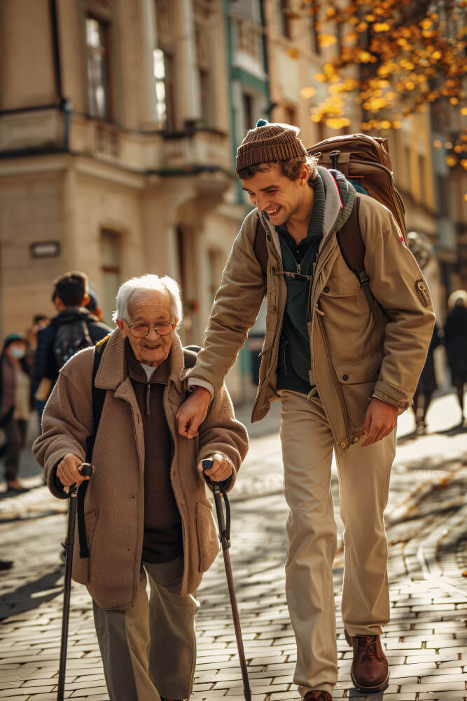 Young man supporting an elderly person using a cane on a sunny street, both smiling, with autumn leaves in the background — senior mobility aid in use.