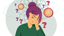Woman with purple hair appears stressed and overwhelmed, surrounded by floating question marks, clocks, and paper planes, illustrating the challenges associated with adult ADHD.