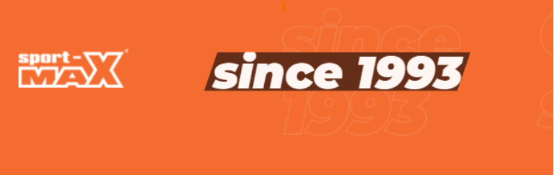 Orange background with "sport-MAX" and "since 1993" text in bold. White and brown text colors add contrast.