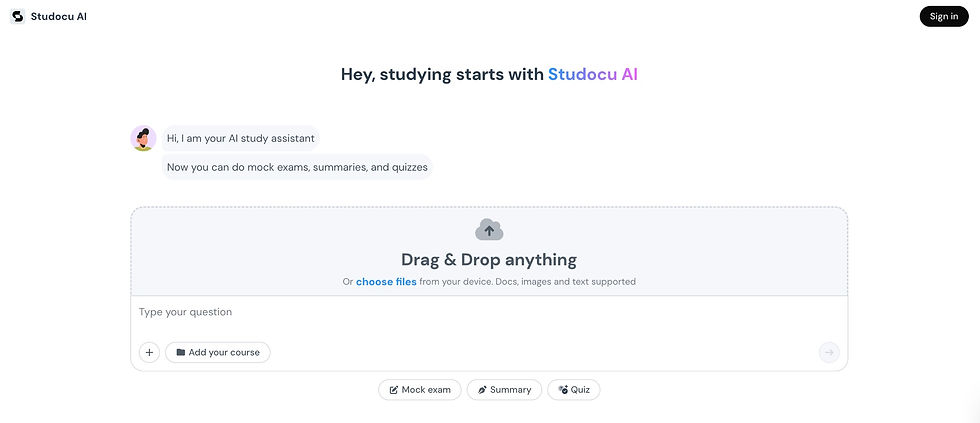 Studocu AI welcomes users with messages about mock exams, summaries, and quizzes. Features include file upload and course addition.