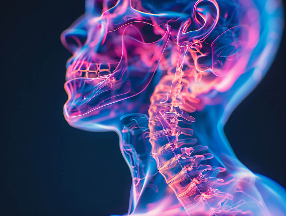X-ray styled illustration of a human head and neck with neon pink and blue bones and nerves, highlighting areas associated with vagus nerve stimulation against a dark background.