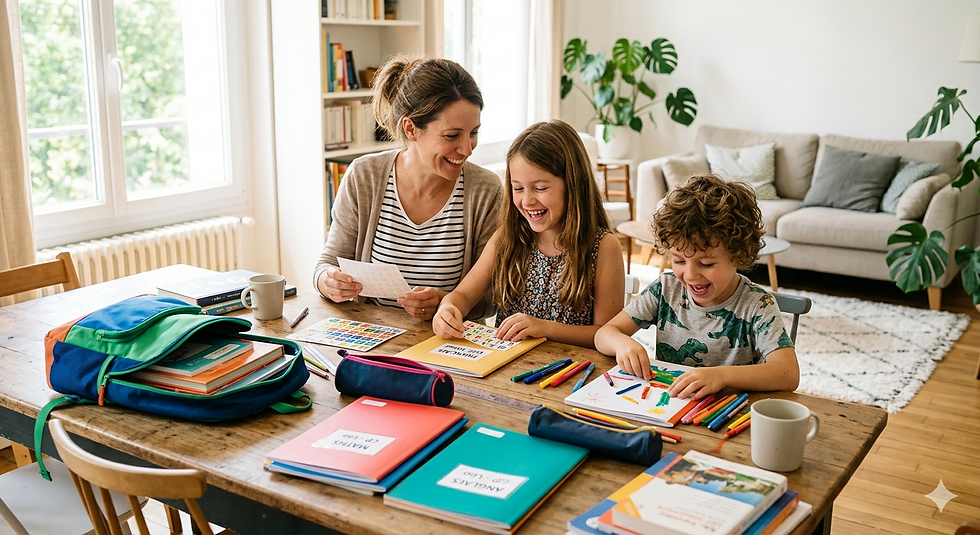 Une femme et des enfants préparent la rentrée scolaire ensemble