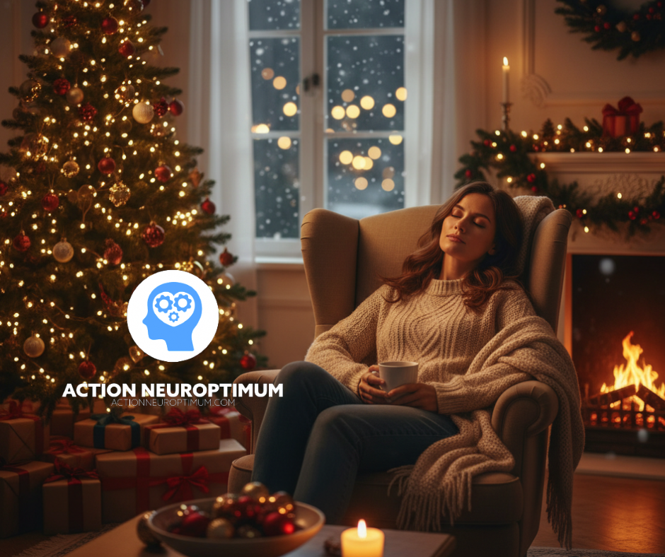 Ambiance des fêtes, une personne relaxe devant un feu de foyer