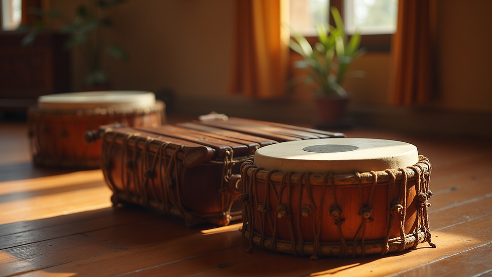 Eye-level view of a traditional Indian drum and harmonium on a wooden floor