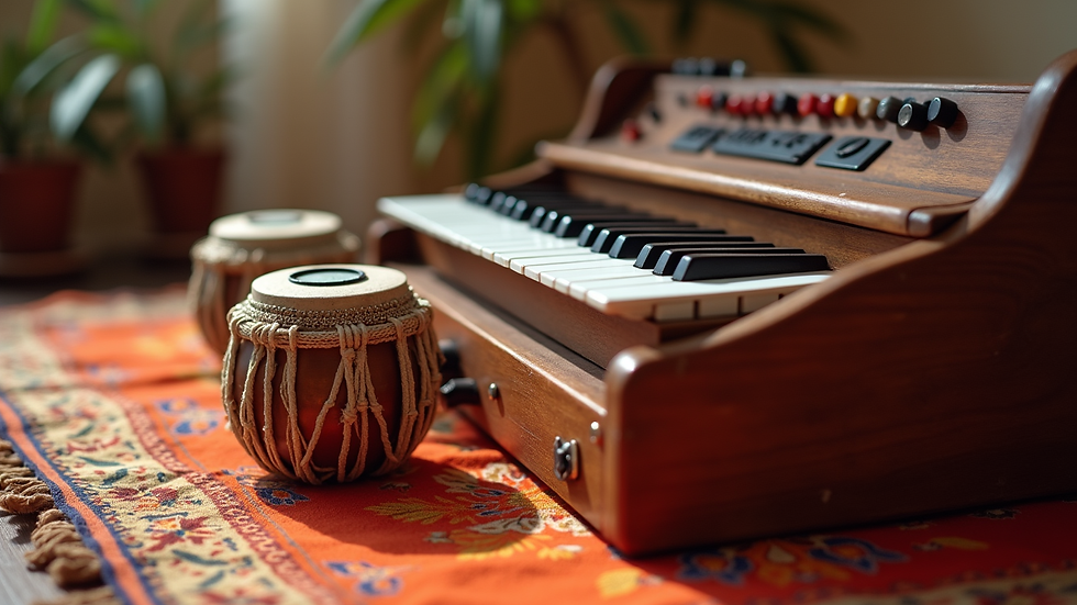 Close-up view of a harmonium keyboard and a pair of kartals on a colorful cloth