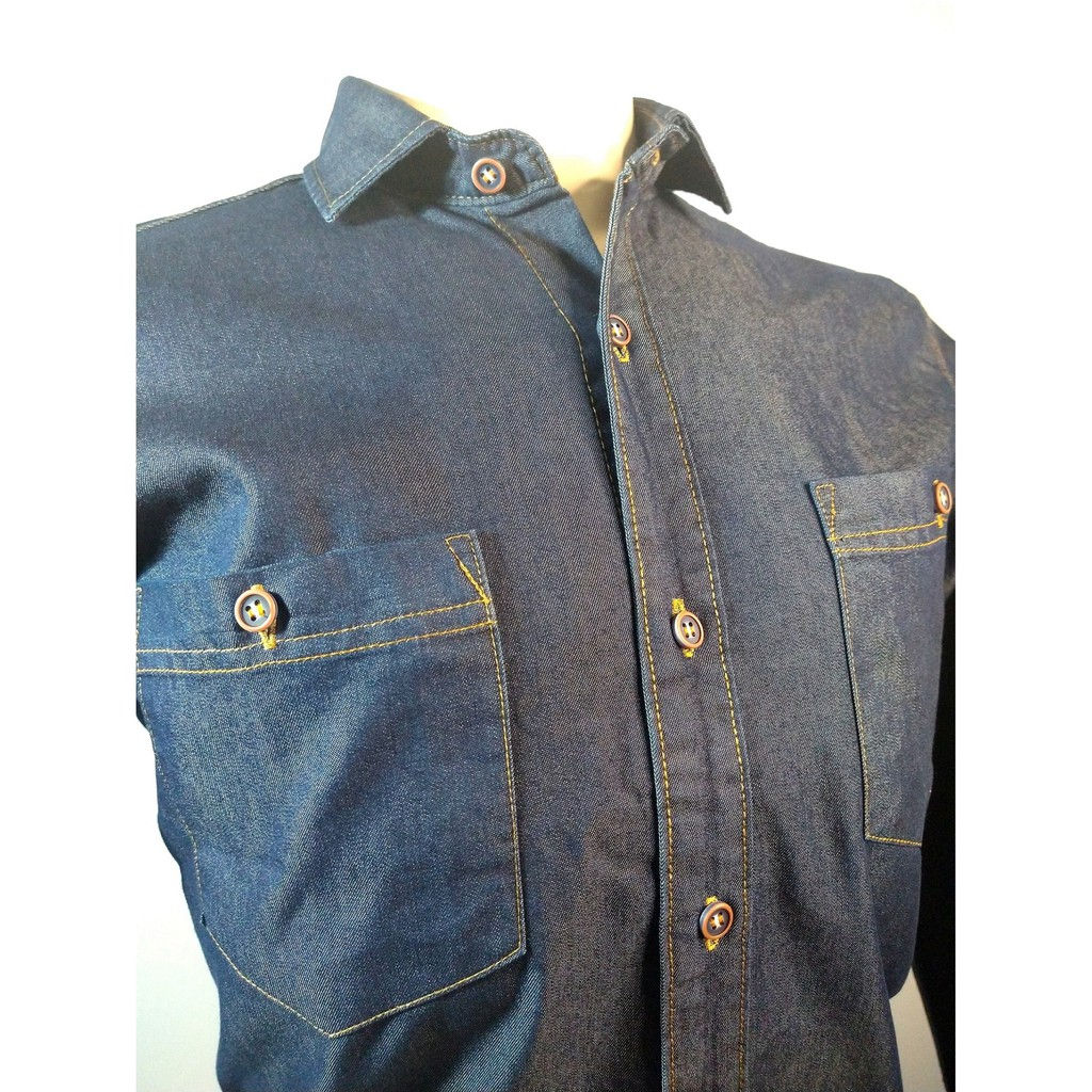 Camisa Jeans Manga Longa Com Bolso - Azul Escuro