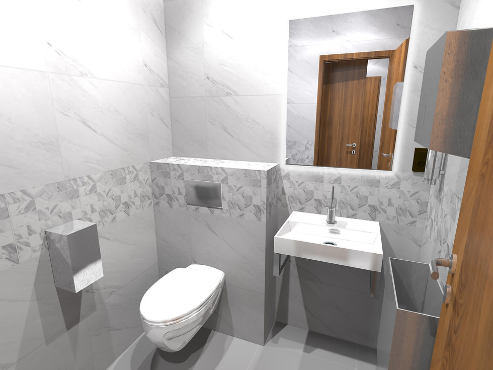 image 3D d'une salle d'eau en marbre blanc et frise petit carreaux gris à mi-hauteur