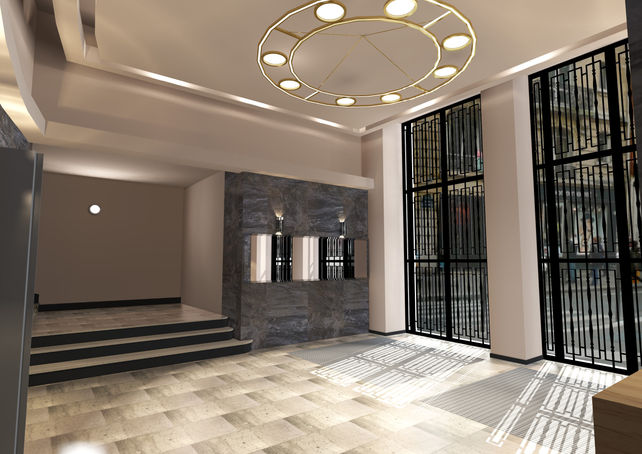 Modélisation 3D du hall avant travaux - Proposition bois et inox, suspension anneaux et appliques murales inox