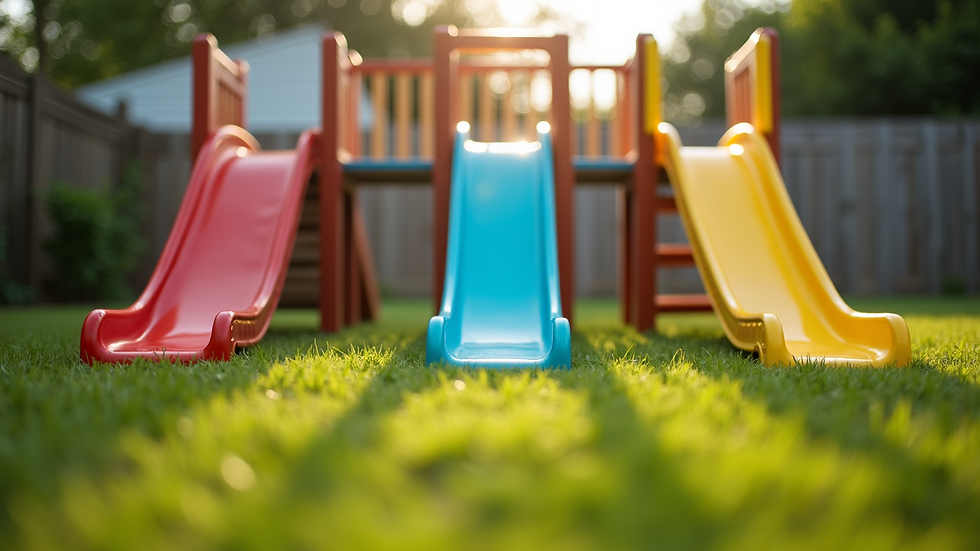 Eye-level view of a backyard game setup with Pitch’N Slide boards