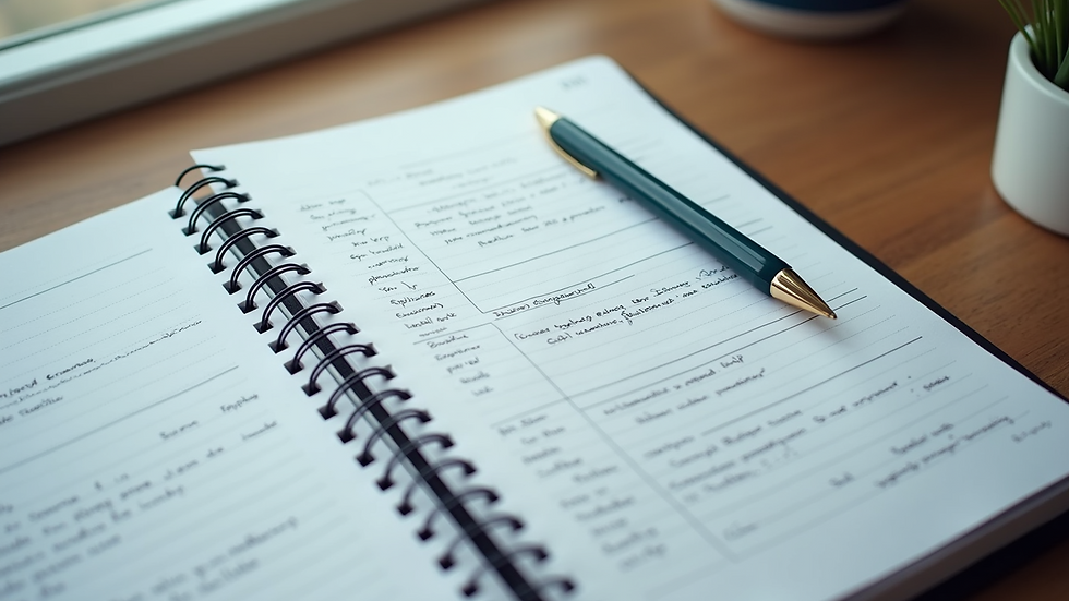 High angle view of a notebook with financial planning notes and a pen