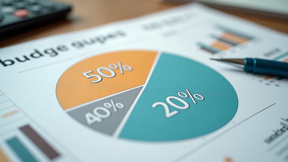 High angle view of a pie chart illustrating the 50/30/20 budgeting rule