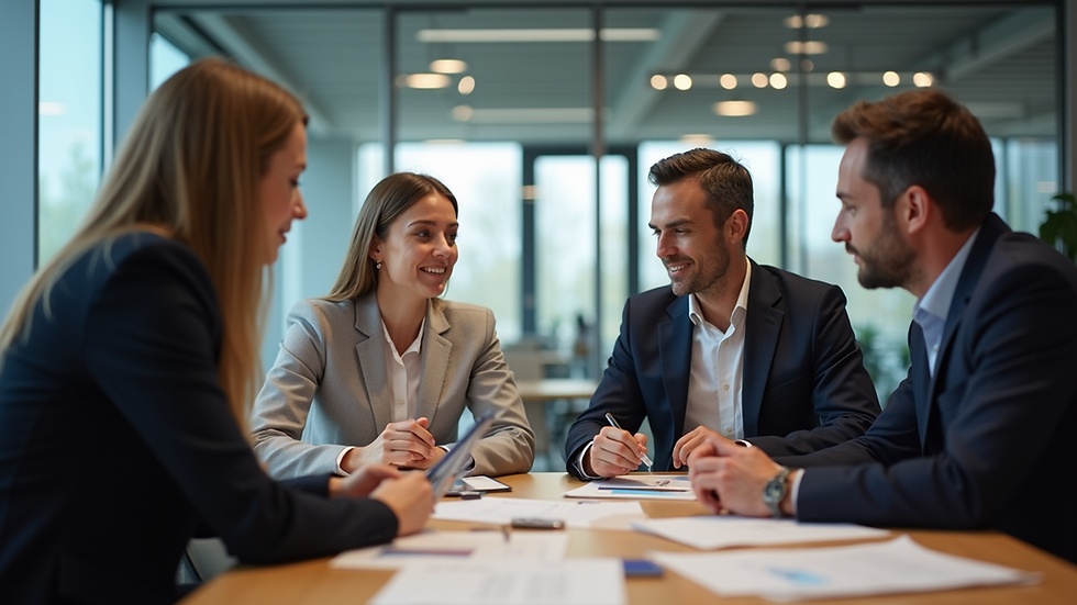 Eye-level view of a business team discussing marketing strategies around a table
