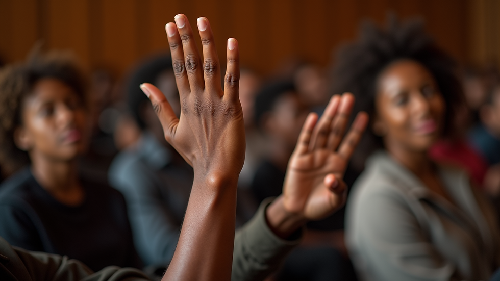 Close-up view of hands raised in a community forum