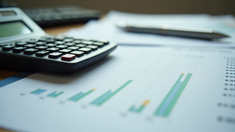 Close-up view of a calculator and financial documents on a desk