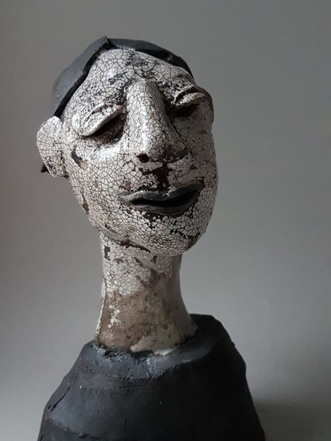 Head, Ceramic, Raku , Clay White Crackle Glaze , Contemporary Ceramics 