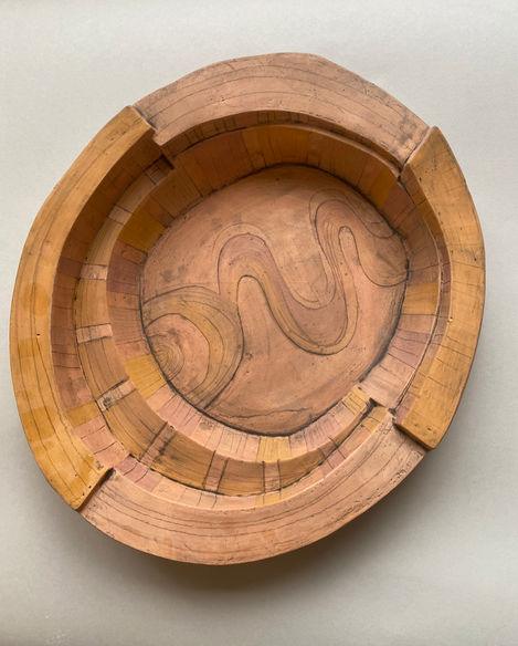 Ceramic , Clay , Functional Wall Hanging Piece , Engobe and Paper Resist Surface decoration , oxide Wash ,Ceramic Crayon